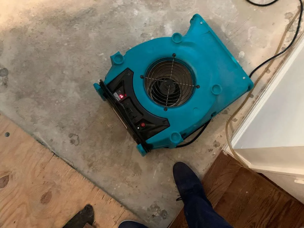 Air mover drying subfloor during Commercial Water Damage Restoration in Coppell
